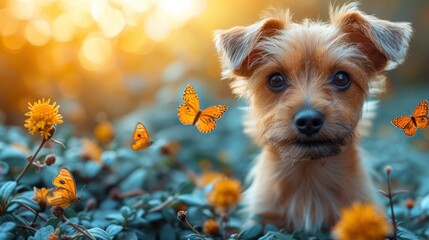 a small brown dog standing in a field of flowers with orange butterflies flying around it's head and eyes.