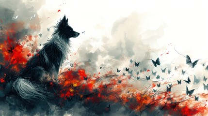 a black and white dog sitting on top of a tree next to a forest filled with red and black butterflies.
