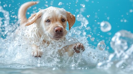 a close up of a dog swimming in a body of water with bubbles on the side of the dog's face.