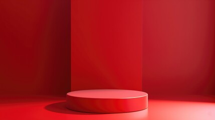 Red pedestal of platform display, Stand podium on red room background, generative ai