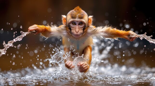 a close up of a monkey in the water with its arms out and hands out with water coming out of it.
