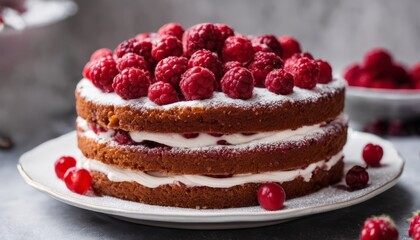 A cake with raspberries and white frosting