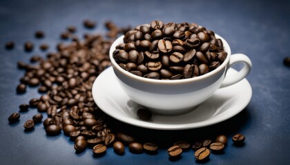 A cup of coffee with beans on top