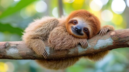 Fototapeta premium a brown and white sloth sitting on a tree branch with its head resting on the branch of a tree.
