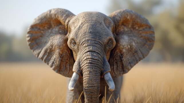 a close up of an elephant's face in the middle of a field of tall grass with trees in the background.