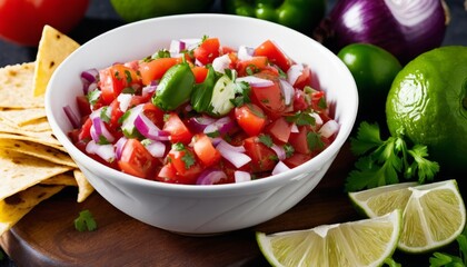 A bowl of salsa with chips and limes