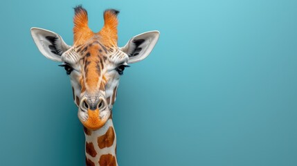 a close up of a giraffe's head against a blue background with a small amount of detail.