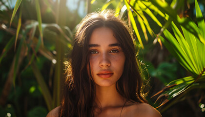 Portrait of a female model in a tropical setting. Hispanic latin natural look sunlight. Personality testimonial. Model for product campaign or marketing campaign.