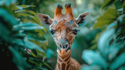 a close up of a giraffe's face through the leaves of a tree in a zoo setting.