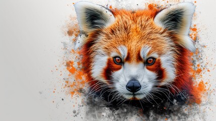 a close up of a red panda bear's face with orange and white paint splatters on it.