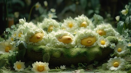 a group of stuffed sheep laying on top of a lush green field covered in daisies and daisols.