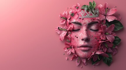 a woman's face with a crown on top of her head surrounded by pink flowers and leaves on a pink background.