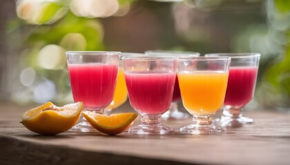 Fototapeta premium A row of five glasses filled with juice