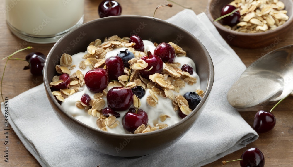 Wall mural A bowl of yogurt, granola, and cherries