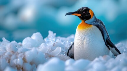a close up of a penguin on a bed of ice with a blurry background of water and ice flakes.