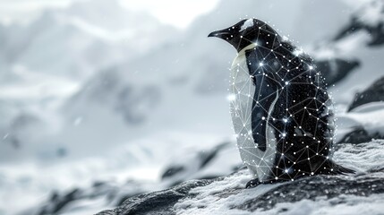 a black and white penguin sitting on top of a pile of snow next to a mountain covered in snowflakes. - obrazy, fototapety, plakaty