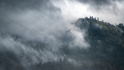 The peak of a mountain rises out of the clouds and the rising mist in the northern Black Forest
