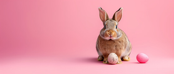Cute bunny and single easter egg isolated on pastel pink background