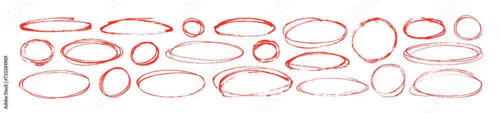 Poster Red pen ellipses and circles to emphasize text in hand drawn notes. Doodle round shapes. Vector ovals and ellipses lines to highlight text. Set of various red scribble ovals, bubbles and circles.