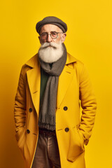 Senior man with long white beard wearing eyeglasses and hat standing against yellow background