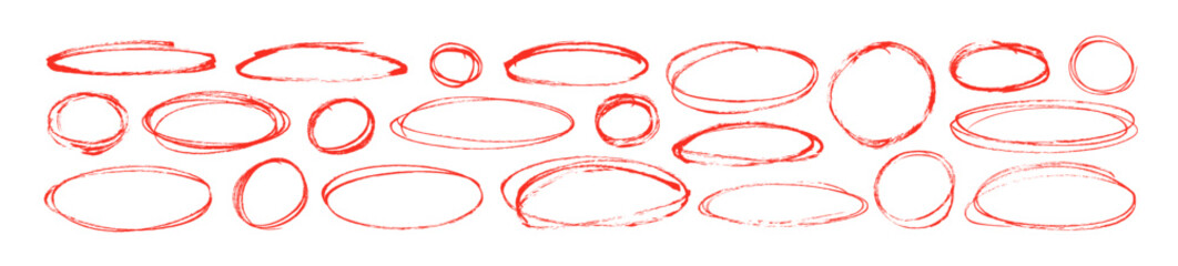 Red pen ellipses and circles to emphasize text in hand drawn notes. Doodle round shapes. Vector ovals and ellipses lines to highlight text. Set of various red scribble ovals, bubbles and circles.