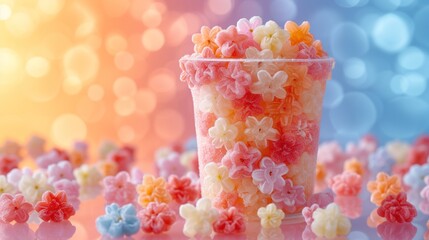 a close up of a plastic cup filled with candy flowers on a table with blurry lights in the background.