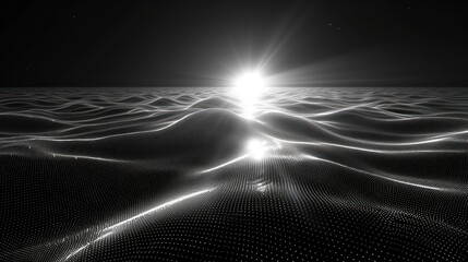 a black and white photo of the sun shining in the sky over a large body of water with wavy lines in the foreground. - obrazy, fototapety, plakaty