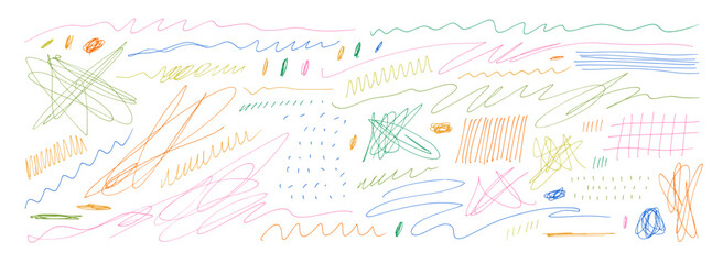 Colorful tangle thin curved lines and squiggles with simple doodle patterns. Hand drawn vector pen lines.
