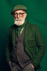 Senior man with long white beard wearing eyeglasses and hat standing against green background