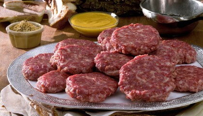 A plate of raw meat patties