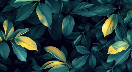 a close up of a bunch of leaves on a black background with yellow and green leaves on the top of the leaves.