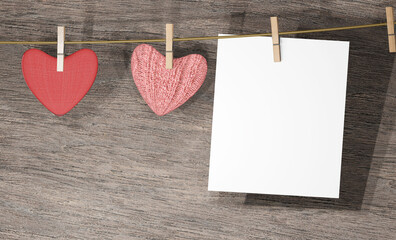 Valentine's Day background. Two red hearts with blank note paper hanging on a clothesline with clothespins on wooden wall. 3D render illustration.