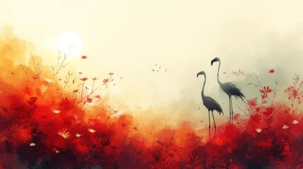 a painting of two flamingos in a field of flowers with the sun shining through the clouds in the background.