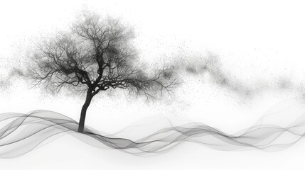 a black and white photo of a tree with smoke coming out of it's branches and blowing in the wind.