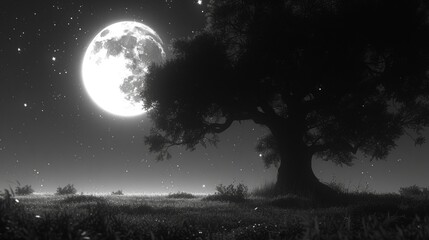 Fototapeta na wymiar a black and white photo of a tree with a full moon in the background and grass in the foreground.