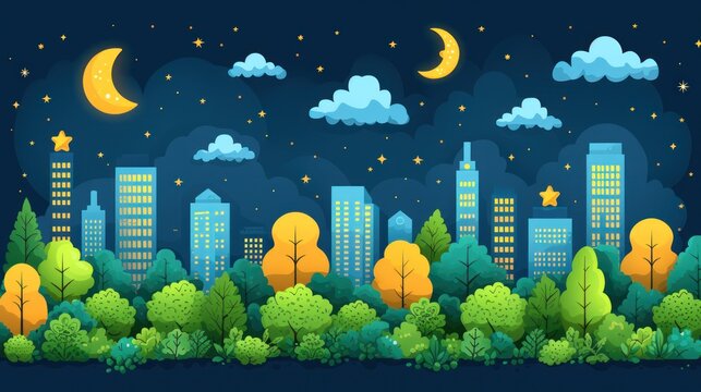 a night scene with a cityscape and trees in the foreground and a full moon in the background.