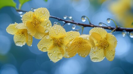 a close up of a branch with water droplets on it and a yellow flower with drops of water on it.