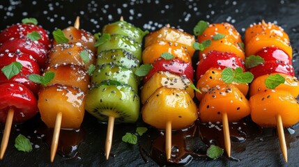 a row of skewers filled with different types of fruit on toothpicks with sprinkles on them. - obrazy, fototapety, plakaty