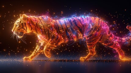 a computer generated image of a tiger walking across a body of water with a lot of stars in the background.