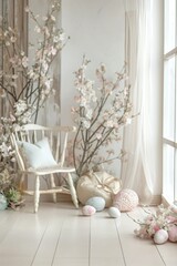 Embrace the Season: Light and Airy Spring Photography Backdrop with Pastel Flowers and Easter Eggs