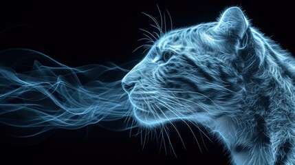 a close up of a cat's face with smoke coming out of the cat's mouth on a black background.
