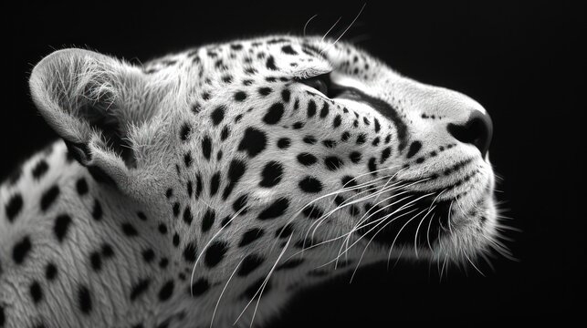 a close up of a black and white photo of a cheetah with its head turned to the side.