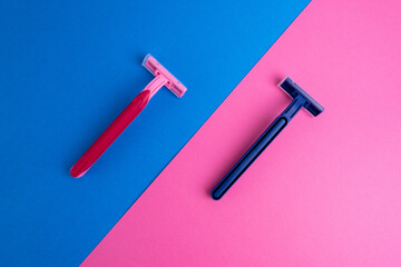 Disposable plastic razor with steel blade, men's and women's razors. Skin and body care concept. Depilation. Place for text