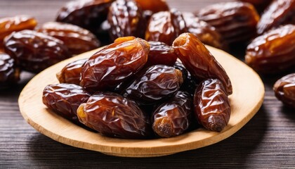 A wooden plate full of dates