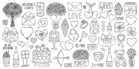 Valentines Day doodles set. Valentines day stickers and patch badges set. Love symbols. Romantic elements collection. I love you. Wedding and marriage.