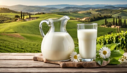Obraz na płótnie Canvas A glass of milk and a jug of milk on a table