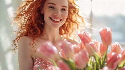 Joyful redhead woman with spring tulips smiling in sunlight. fashion, lifestyle portrait. capturing the essence of spring. AI