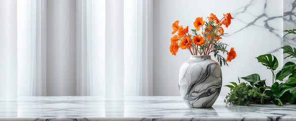 Minimalist Vase and Plants on White Marble Table - Clean, Elegant Home Decor with Copy Space