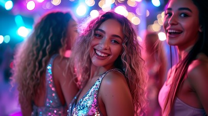 Young women enjoying a festive night out with bright lights. glittery fashion, celebration theme. perfect for party season promotions. AI