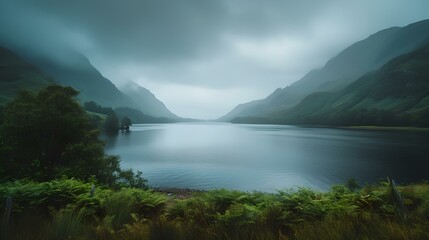 Serene lake landscape on a foggy day, perfect for wall art and background usage. tranquil nature scenery with misty mountains. AI